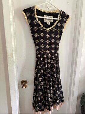 Retro Effie's Heart Black Bee-Print Fit & Flare Swing Dress with Cream Trim